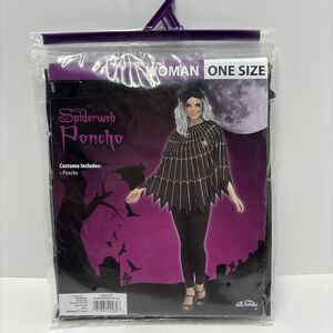 Women's Black & Silver Spiderweb Poncho‎ One Size Fun world New Spider Halloween